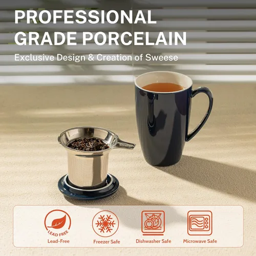 Miniatura 3 de Sweese Taza de té de cerámica de 15oz con infusor y tapa, apta para microondas y lavavajillas, infusor de té de hojas sueltas extra fino, asa Azul