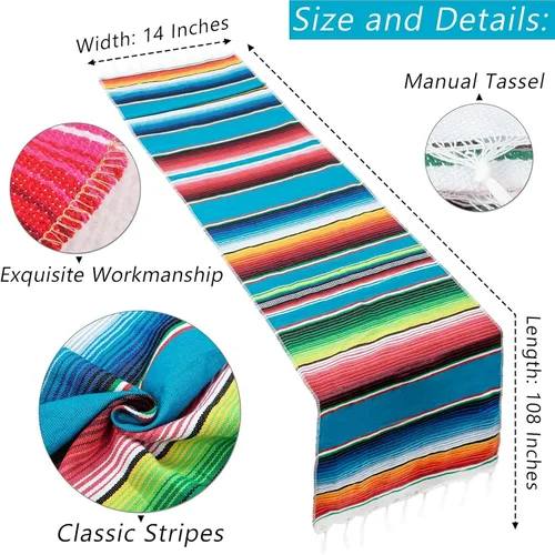 Miniatura 2 de Camino de mesa mexicano de 14 x 84 pulgadas, decoración de boda para fiesta de fiesta, caminos de mesa de arco iris a rayas Serape Zarape para Cinco