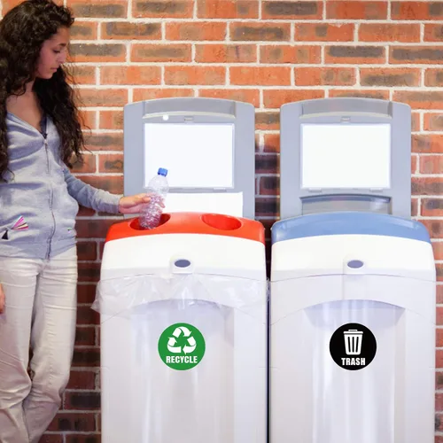 Miniatura 6 de Calcomanías autoadhesivas con logotipo de reciclaje y basura, letreros redondos para botes de basura y contenedores de basura (6 unidades)