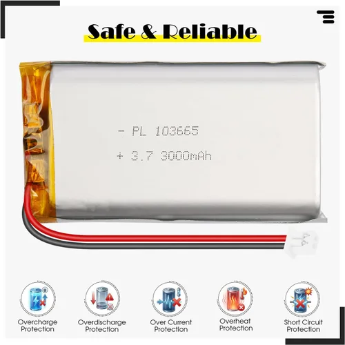 Miniatura 2 de 103665 3.7V 3000mAh LiPo Batería - Batería recargable de polímero de litio con placa de protección y conector Micro JST 1.25 para dispositivo