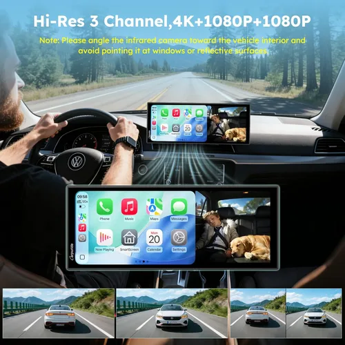 Miniatura 3 de CARPURIDE W125S Carplay inalámbrico HD de 11.26 pulgadas y pantalla automática Android, cámara 4K + 1080P+1080P Dash para automóviles con tarjeta