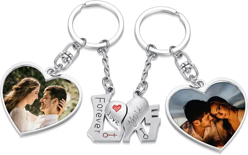 PiercingJ Juego de 2 llaveros de fotos personalizados para él y ella grabado de doble cara colgante de imagen colorida para parejas llaveros