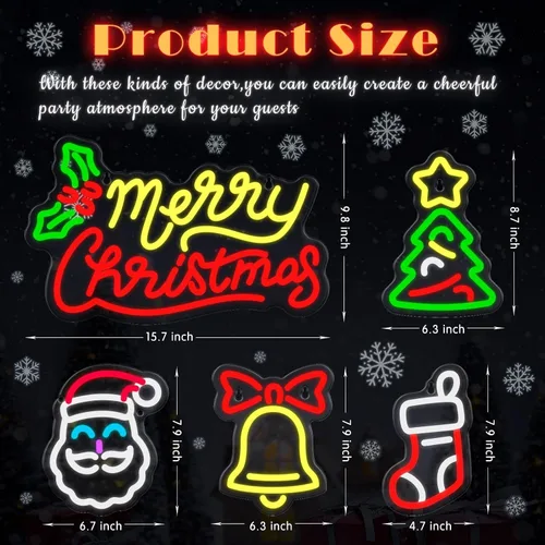 Miniatura 2 de 5 letreros de neón de Navidad con texto en inglés "Merry Christmas", campanas de Papá Noel, árbol de Navidad, luces LED, luces de neón de invierno