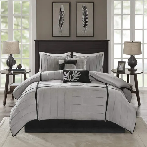 Madison Park Acogedor juego de edredón casual con diseño de bloques para todas las estaciones, falda de cama a juego, almohadas decorativas, King