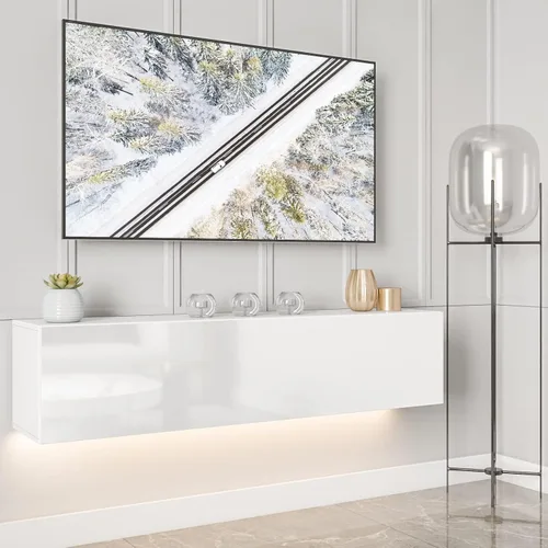 Miniatura 10 de Soporte de TV flotante con LED para TV de 60, 65, 70 pulgadas, brillante centro de entretenimiento moderno montado en la pared con almacenamiento