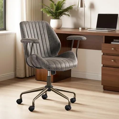 Miniatura 12 de ovios Silla de oficina en casa, sillas ergonómicas de piel sintética de mediados de siglo, respaldo medio, cómodo sillón ejecutivo giratorio