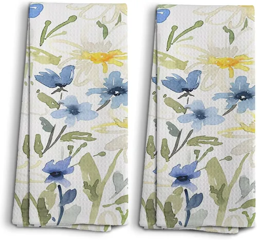 Toallas de cocina florales, toallas de mano de flores silvestres, decoración de flores de margaritas para el hogar, decoración de flora de acuarela,