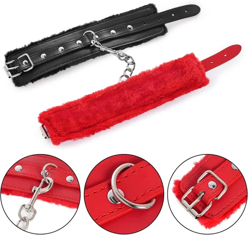 Miniatura 6 de Rbenxia Esposas de muñeca para adultos de cuero PU cinturón de sujeción de esposas Negro & rojo