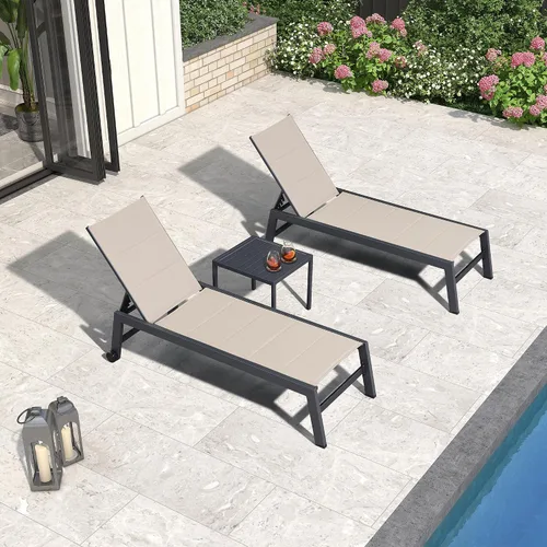 Miniatura 8 de PURPLE LEAF Juego de 2 tumbonas de aluminio para patio al aire libre con ruedas y mesa auxiliar, tumbona de piscina para jardín al aire libre, junto