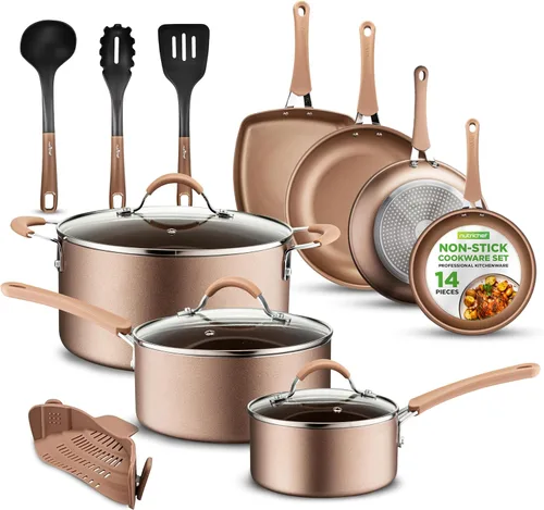 NutriChef Juego de ollas y sartenes antiadherentes de 14 piezas, juego de utensilios de cocina de inducción, sin PFAS para todas las estufas, Dorado