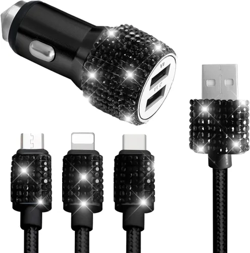 Cargador de coche Bling Dual USB con cable de carga rápida multi 3-en-1, adaptador de cargador de doble puerto con cable Type C Micro USB para