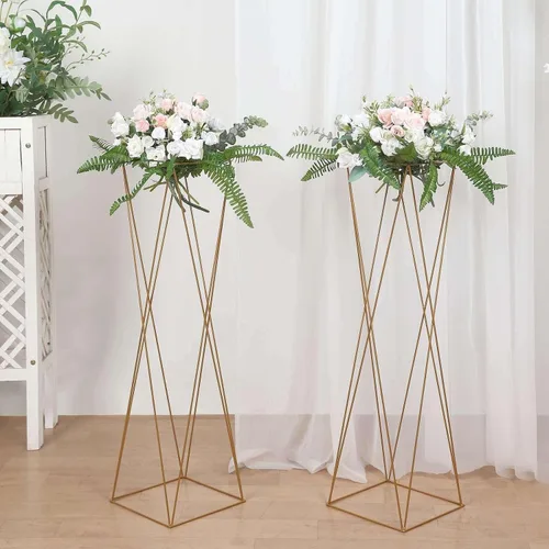 Miniatura 2 de Efavormart - Juego de 2 centros de mesa de 32 pulgadas con marco de metal entrecruzado geométrico dorado, soportes de flores con pedestal de columna