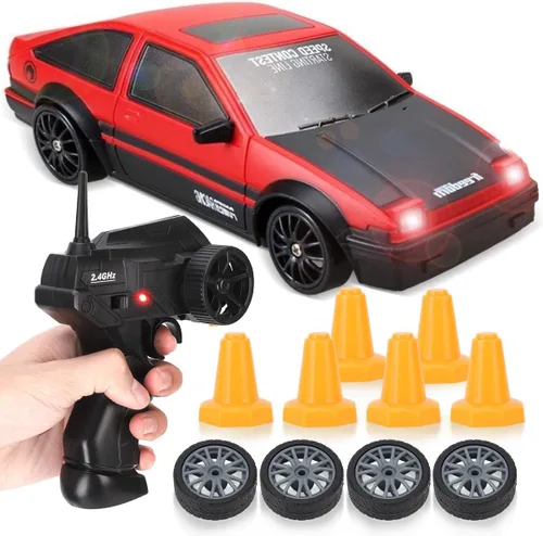 Liberty Imports RC Drift Car 1/24 2.4GHz 4WD Control remoto Sport Racing Vehículo en carretera con luz LED, baterías y neumáticos de deriva (estilo