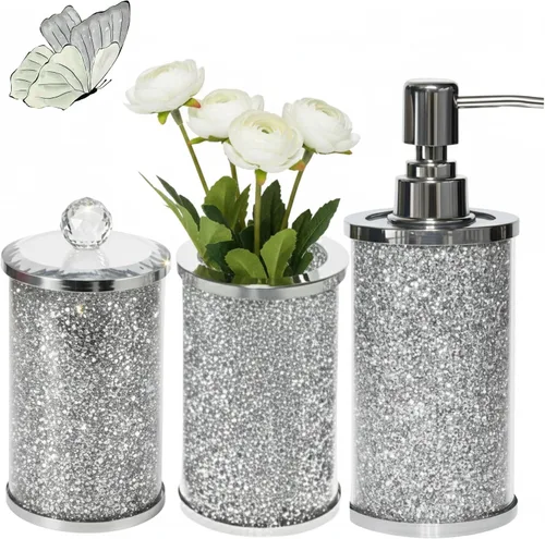 Miniatura 14 de Escenzy - Elegantes conjunto de accesorios de baño verde 4 piezas Lujoso dispensador de jabón de vidrio, soporte para cepillo de dientes, frasco