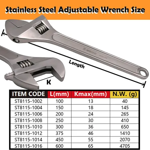 Miniatura 2 de WEDO Llave inglesa ajustable de acero inoxidable, anticorrosión, alta resistencia, mandíbulas fresadas de precisión para una máxima potencia