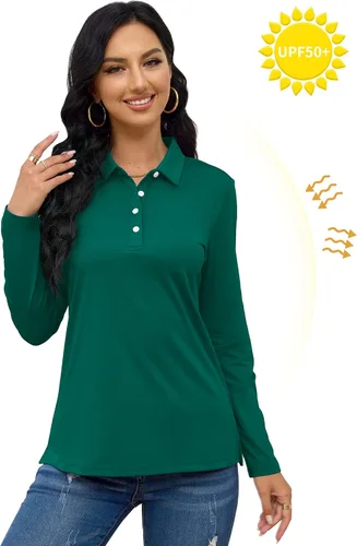 Miniatura 6 de TACVASEN Polo de golf para mujer, camiseta de manga larga, UPF 50+, secado rápido, 4 botones, rendimiento de tenis, ejercicio