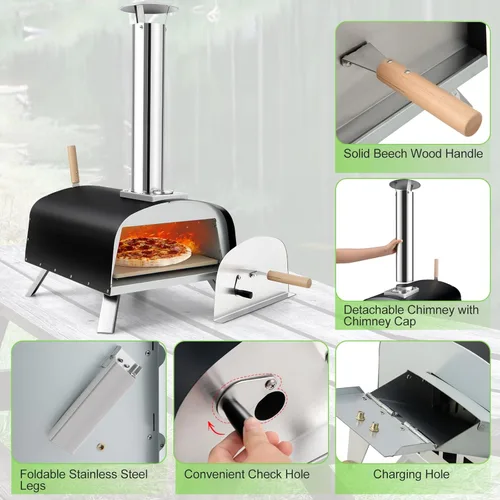 Miniatura 6 de Giantex Horno de pizza al aire libre, propano y leña con piedra para pizza de 13 pulgadas, cáscara de pizza, quemador de gas con regulador