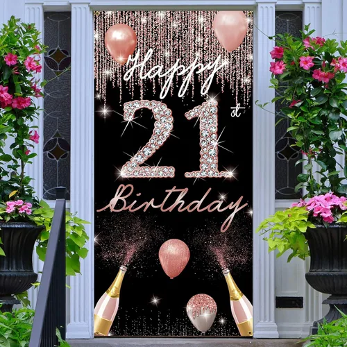 Decoración de cumpleaños número 21 – Cartel de puerta de oro rosa, letrero de patio de fiesta y accesorios para cabina de fotos, tela, resistente