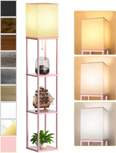 Miniatura 16 de Lámpara de pie con estantes para sala de estar blanca, lámpara de pie con estante con bombilla LED de 3 CCT, lámpara de columna de pie de esquina
