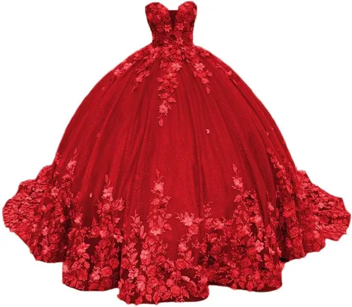 XYAYE Women's Sweetheart Quinceanera Dresses Ball Gowns 3D Flower Lace Prom Dress Strapless Tulle Sweet 15 16 Dress XY071