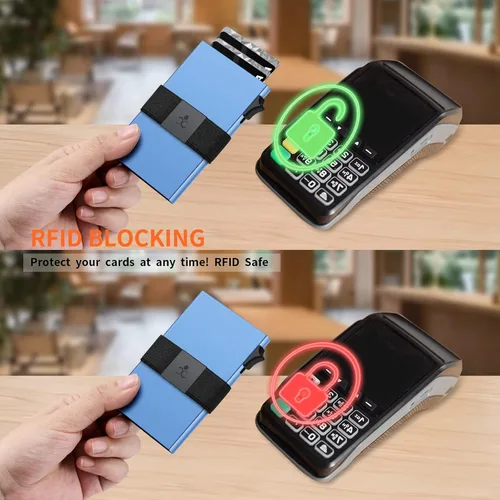 Miniatura 7 de SEMORID Cartera delgada de aluminio con tarjetero para hombre, Botón azul realB, Cartera Rfid minimalista para hombre
