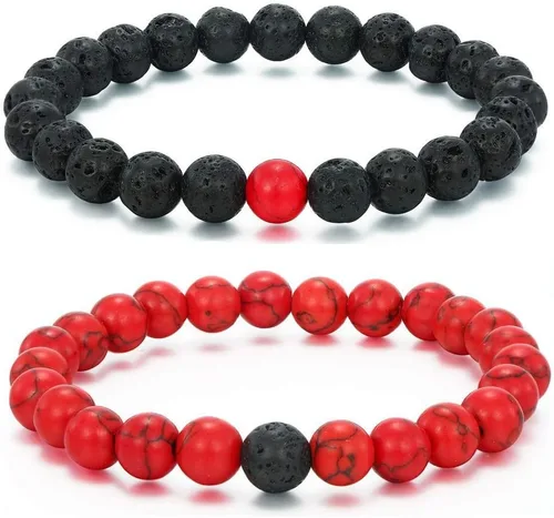 Miniatura 9 de CNLQ - Pulseras de larga distancia para parejas, regalo a juego, ágata mate de 0.315 in, cuentas de piedra (rojo elástico)