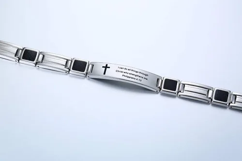 Miniatura 3 de MEALGUET Pulsera religiosa de acero inoxidable con cita religiosa de la fe cristiana versículo de la Biblia inspiradora Cruz de fibra de carbono