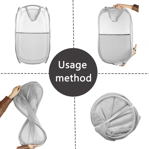 Miniatura 3 de Cesta de Ropa Sucia Plegable Emergente, Cesta de Ropa de Malla Plegable Extra Grande, 28" x 16" x 16", Paquete de 2 (Negro + Gris)