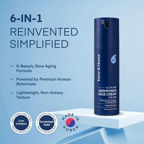 Miniatura 3 de TEREZ & HONOR Crema facial 6 en 1 para hombres: Crema hidratante antienvejecimiento coreana DermForce con niacinamida, bakuchiol y 5-CICA - Hidrata
