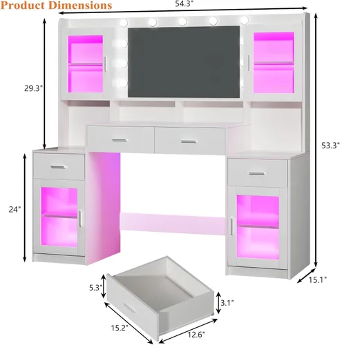 Miniatura 9 de HUAHUU Escritorio grande con espejo y luces, tocador de maquillaje de 54.3 pulgadas con 4 gabinetes RGB y 4 cajones, juego de tocador blanco