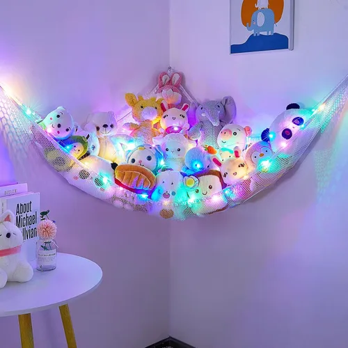 Miniatura 7 de Unicorn Castle Red de animales de peluche o hamaca organizador de almacenamiento de juguetes para niños con luz LED colgante en esquina soporte
