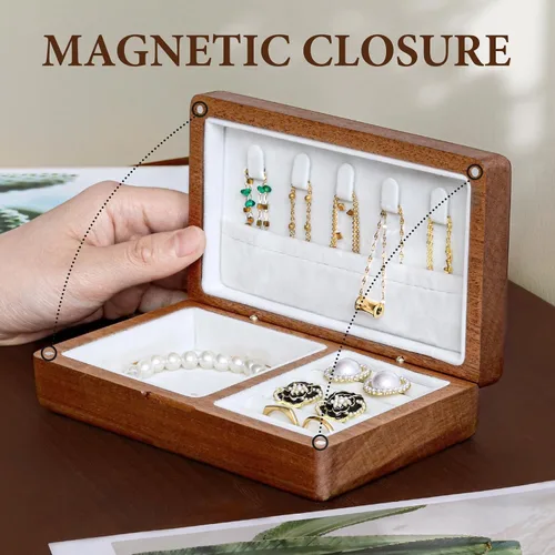 Miniatura 6 de LadyRosian Joyero pequeño de madera Mini joyero de viaje de madera, organizador portátil para anillos, aretes, collares y pulseras, almacenamiento