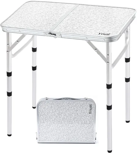 Mesa de camping plegable Yriuat 2 pies mesa de picnic portátil de altura ajustable mesa pequeña de aluminio plegable ligera con asa de transporte