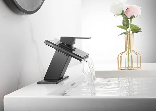 Miniatura 7 de Grifo de baño Chiczam negro con salida de agua en cascada, grifo de un solo orificio con asa de vidrio, grifo mezclador para lavamanos con placa