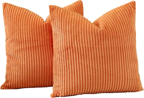 Miniatura 7 de OTOSTAR Juego de 2 fundas de almohada decorativas de pana suave, a rayas, para decoración del hogar, para sofá, cama, sala de estar, 22 x 22 Naranja