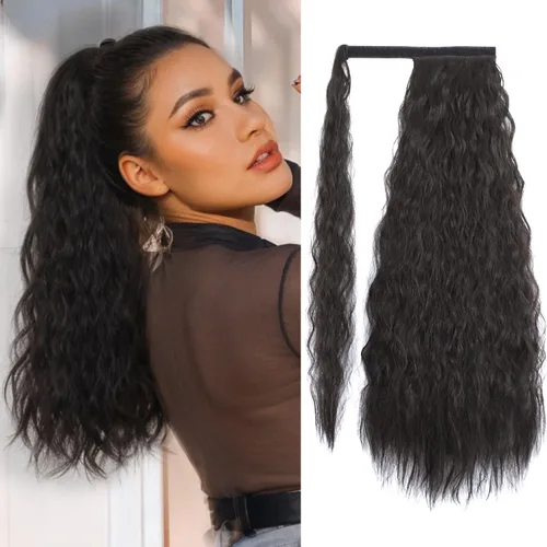 Miniatura 21 de Extensión de cola de caballo ondulada larga con pegamento mágico, resistente al calor, sintética, para envolver, cabello ondulado, para mujer
