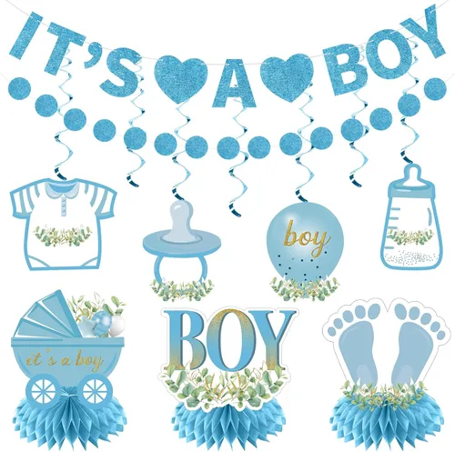 Decoraciones de baby shower para niño, 9 piezas de pancarta de revelación de género de niño con purpurina azul claro, centro de mesa, juego de