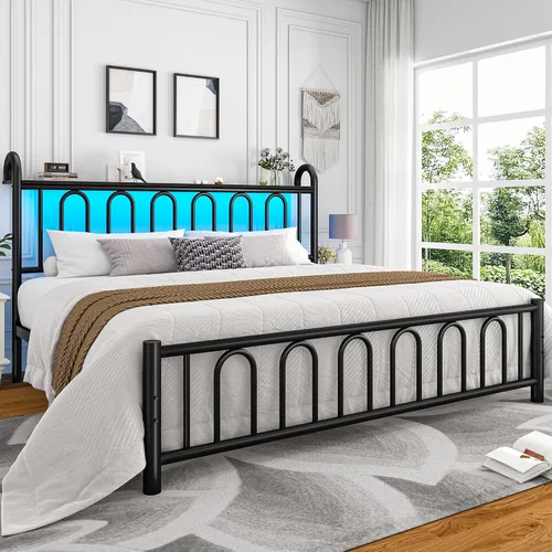 Homkdom Base de cama tamaño King con cabecera de almacenamiento, marco de cama de metal clásico con luces LED y almacenamiento debajo de la cama,