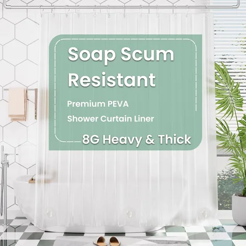 AmazerBath - Cortina de ducha de plástico, 70 x 72 pulgadas, cortina de ducha esmerilada de plástico, impermeable, pesada, gruesa, con 3 piedras