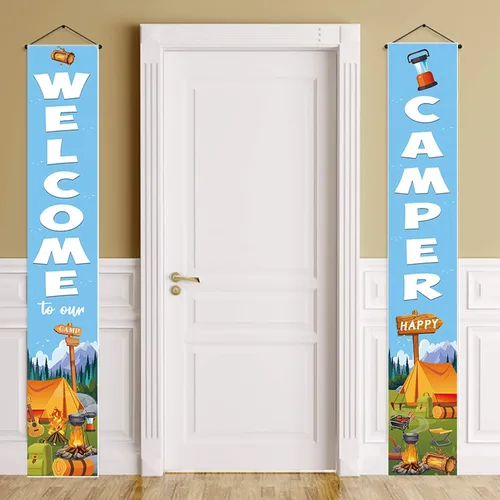 Miniatura 7 de Cartel de bienvenida con texto en inglés «Happy Welcome Camper», 70.8 x 11.8 pulgadas, tela de poliéster, azul, letrero de bienvenida
