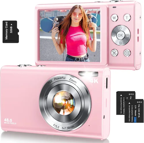 Cámara digital, cámara de videoblogs 4K con enfoque automático para fotografía con tarjeta de 32 GB, cámara digital compacta portátil de 48 Rosa