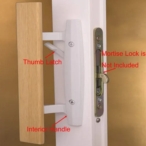 Miniatura 4 de Juego de manijas de puerta corrediza de patio reversible estilo mortaja con manija interior de madera de roble y tirador exterior en acabado
