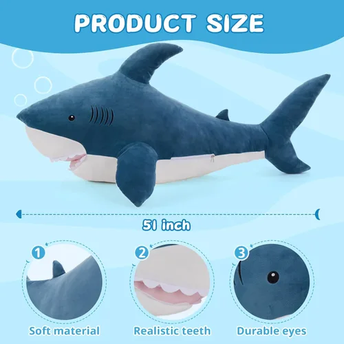 Miniatura 8 de MorisMos Peluche de tiburón gigante de 51 pulgadas, almohada de peluche de tiburón grande, regalo para niños, novia, azul Tiburón Azul 51