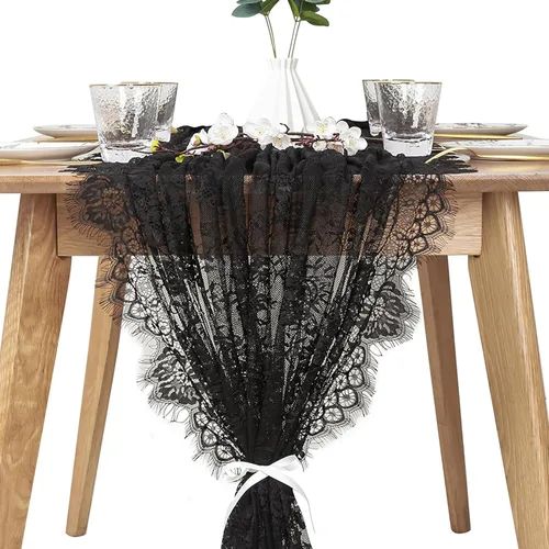 B-COOL Centros de mesa de mantel de encaje negro: 30 x 120 pulgadas, rectangular, vintage, bordados, para novia, boda, superposición transparente