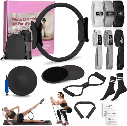 DICYWUDI Kit esencial de pilates para mujeres caseras, equipo de pilates para entrenamientos, 6 bandas de resistencia de tela, anillo de yoga de