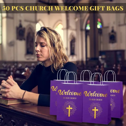 Miniatura 6 de Chuangdi 50 bolsas de regalo de bienvenida a la iglesia, bolsas de papel cristiano con asas para invitados, día de la madre, baby shower, Púrpura