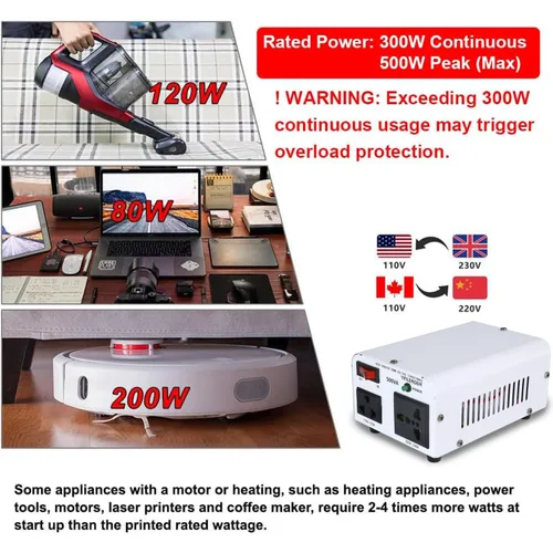 Miniatura 4 de Yinleader Blanco 500W 110V a 220V Convertidor de Voltaje Transformador Paso Arriba/Abajo 110-120V/220-240V con Cable de Energía de EE. UU