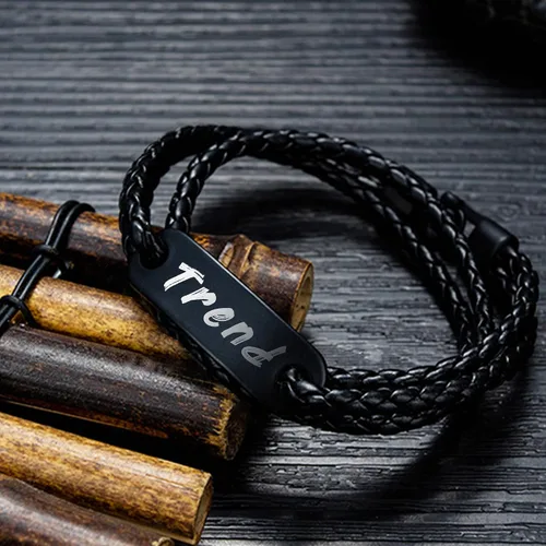 Miniatura 7 de GEAPRIE Pulsera de cuero personalizada con texto personalizado Pulsera de cuero PU para hombres de moda de tres capas, Cuero, Sin gemas.