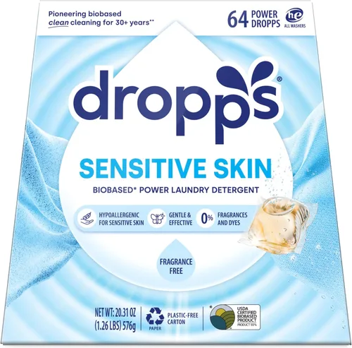 Dropps Cápsulas de detergente para ropa de piel sensible, sin perfume (64 unidades) - Hipoalergénico y probado por dermatólogos | Libre y