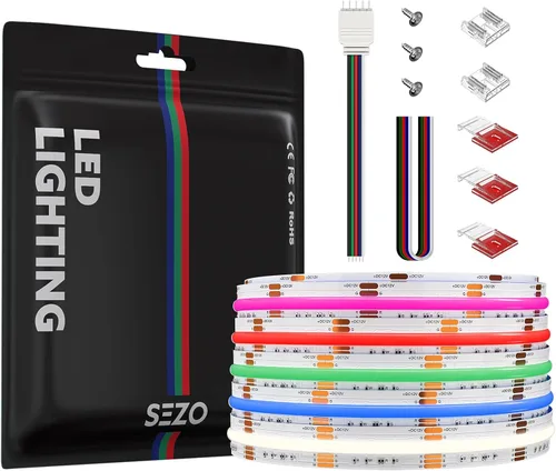 Miniatura 14 de SEZO RGBW COB LED Tira de luces RGB+blanco cálido 3000K 16.4FT/5M DC12V 896LEDs/m 0.472 in ancho FCOB RGBWW Flexible de alta densidad Uniforme Cinta